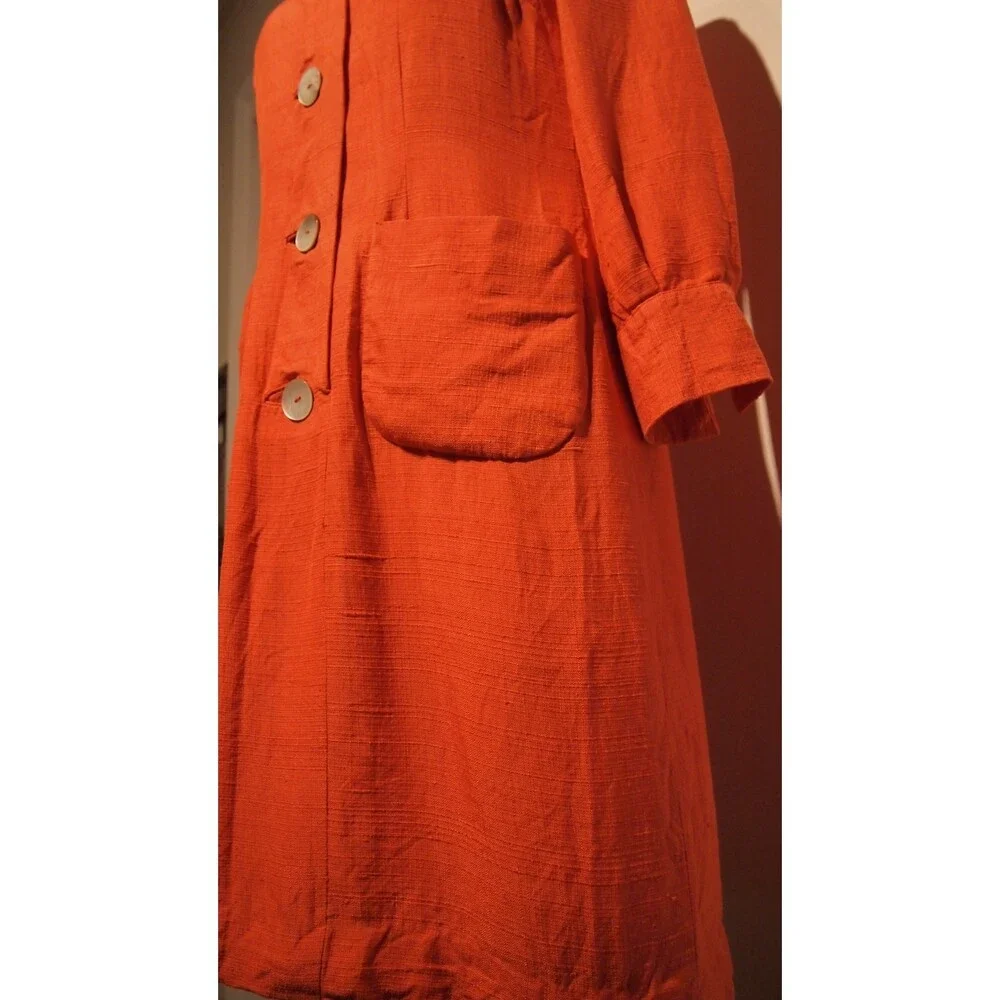 Vintage 60s Barney Max Orange Twilled Silk Shift Dress Long Sleeve Button Medium - Picture 10 of 12